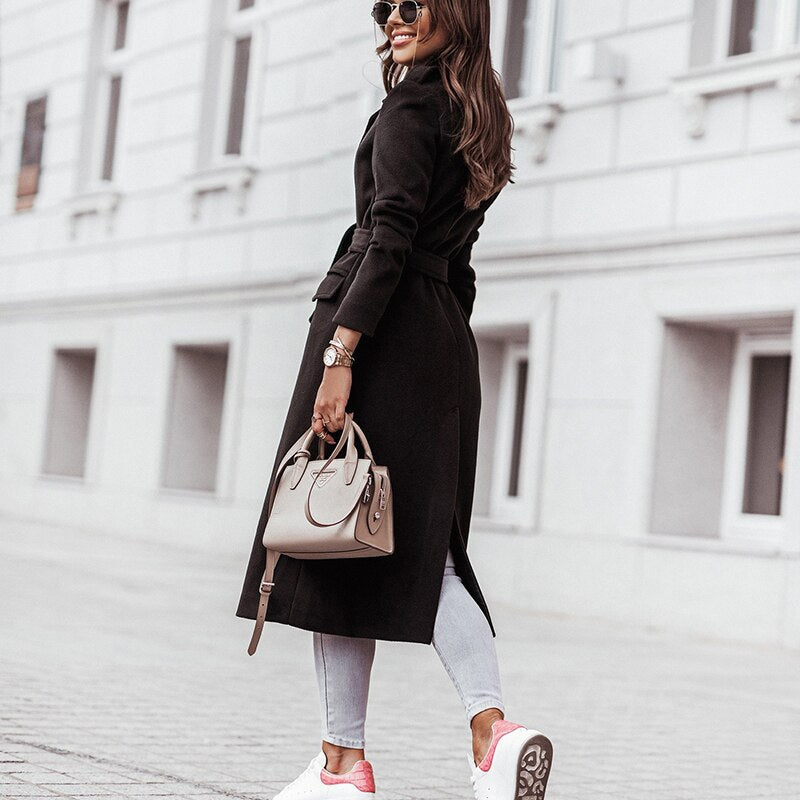 Women's Formal Longline Coat – Belted Notch-Lapel Jacket