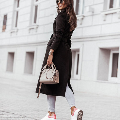 Women's Formal Longline Coat – Belted Notch-Lapel Jacket
