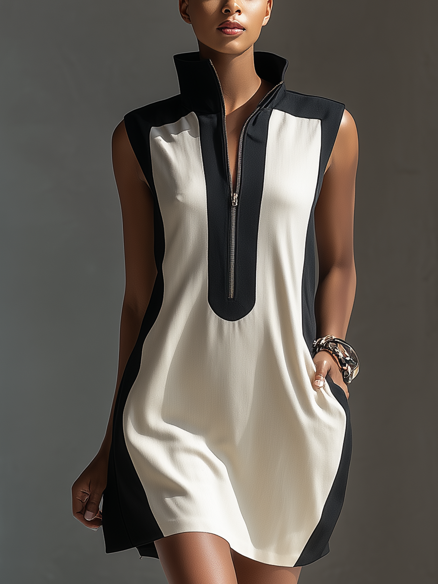Black & White - Model wearing a sleeveless colorblock mini dress with a high collar, front half-zipper, and side pockets in a modern shift silhouette.