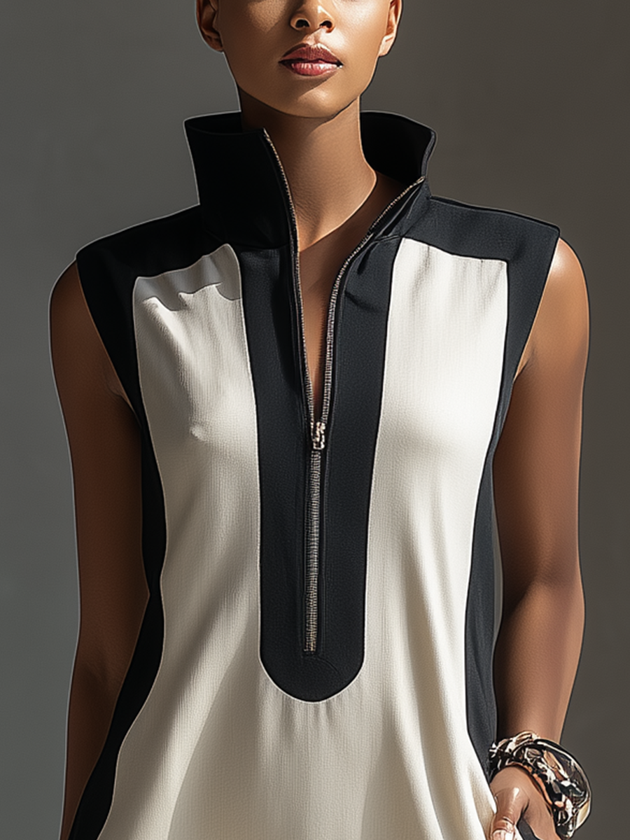 Black & White - Model wearing a sleeveless colorblock mini dress with a high collar, front half-zipper, and side pockets in a modern shift silhouette.