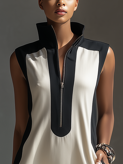 Black & White - Model wearing a sleeveless colorblock mini dress with a high collar, front half-zipper, and side pockets in a modern shift silhouette.