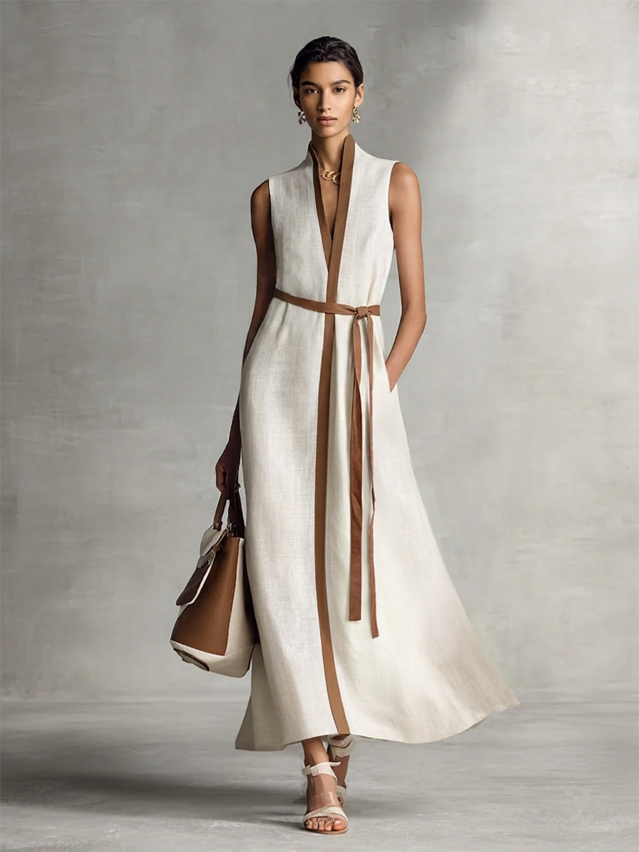 White and brown - A model wearing a sleeveless woven maxi dress featuring a deep V-neck, contrasting front trim, and a waist tie, styled with a structured handbag.