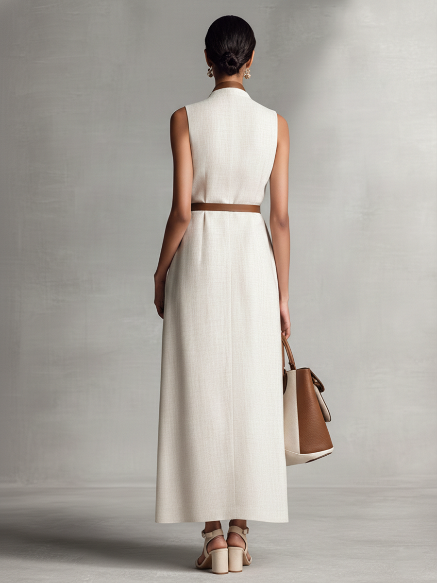 Black and white - A model wearing a sleeveless woven maxi dress featuring a deep V-neck, contrasting front trim, and a waist tie, styled with a structured handbag.