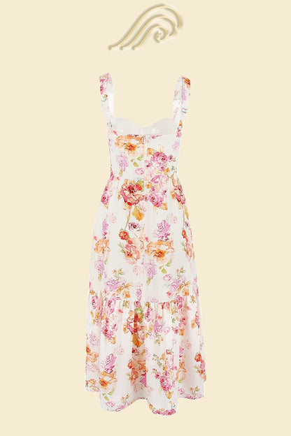 Woman in floral print sundress leaning on stone wall