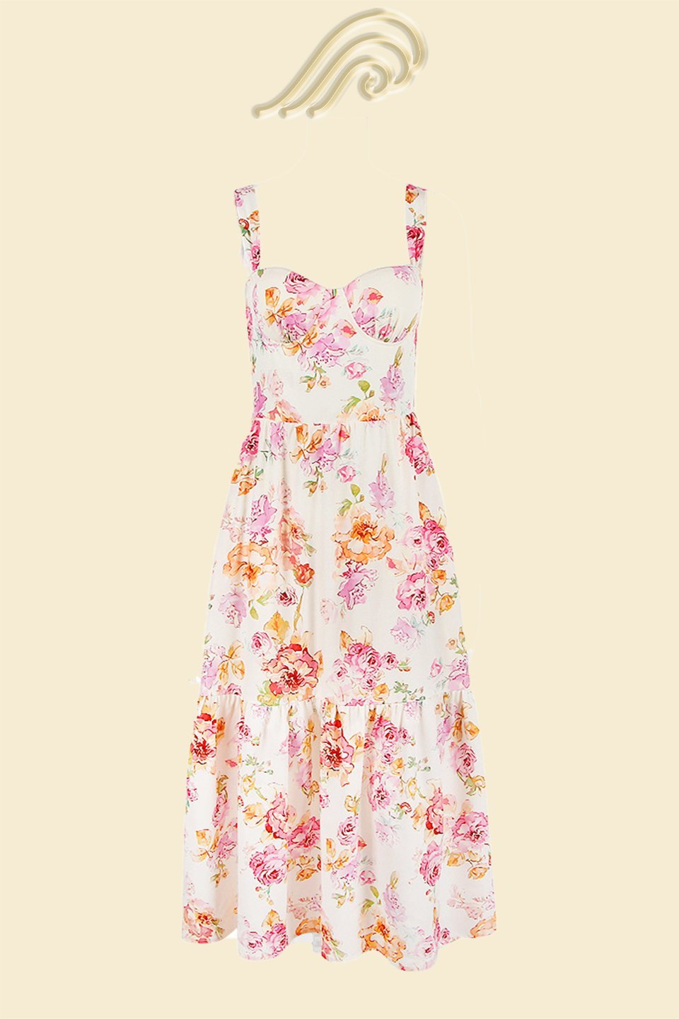 Woman in floral print sundress leaning on stone wall