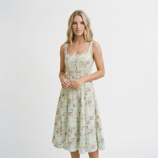 L - Model wearing a floral and plaid patterned square-neck midi dress with wide straps and a button-down front.