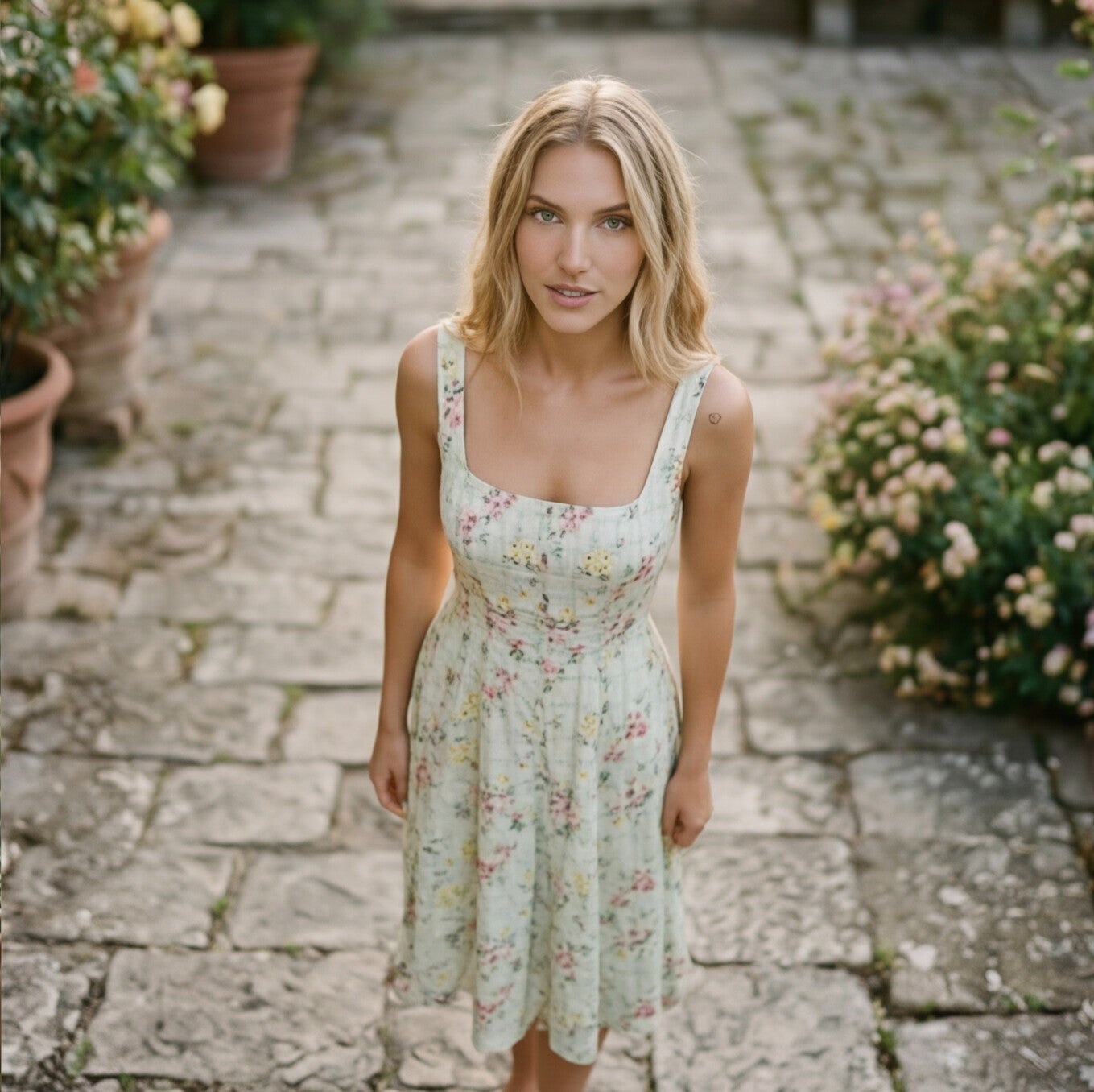 L - Model wearing a floral and plaid patterned square-neck midi dress with wide straps and a button-down front.