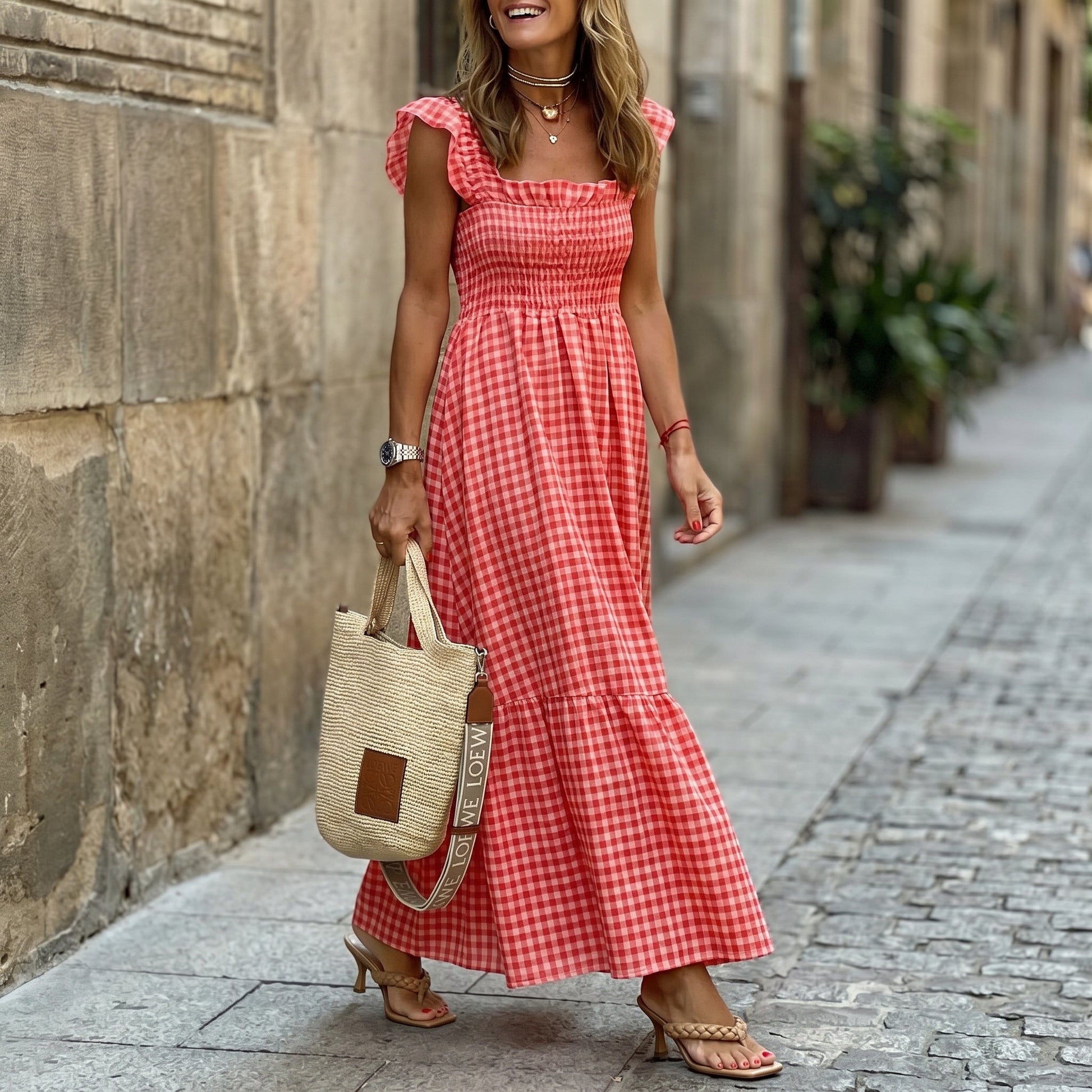Beige - Woman wearing a gingham smocked maxi dress with flutter sleeves and a tiered skirt on a white background
