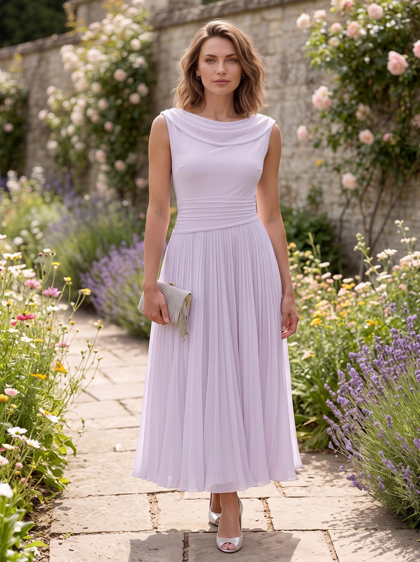 Cowl Neck Pleated Midi Dress