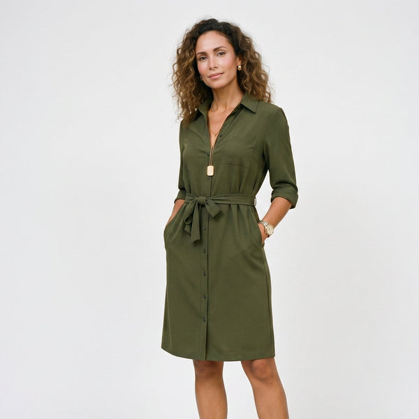 Dark Green - Model wearing a solid collared midi shirtdress with short sleeves, a button-front placket, and a self-tie waist against a white background