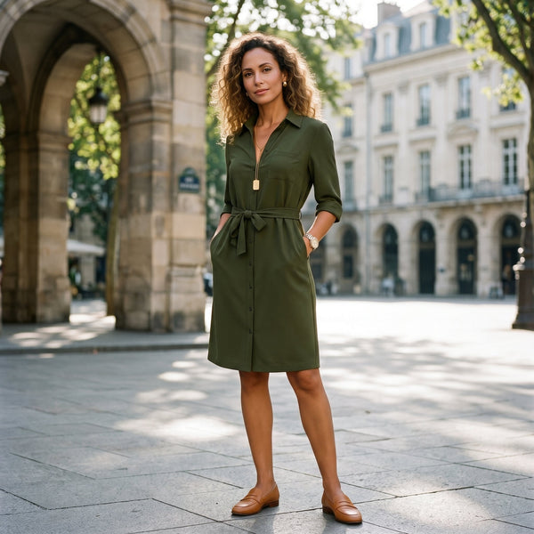 Navy Blue - Model wearing a solid collared midi shirtdress with short sleeves, a button-front placket, and a self-tie waist against a white background