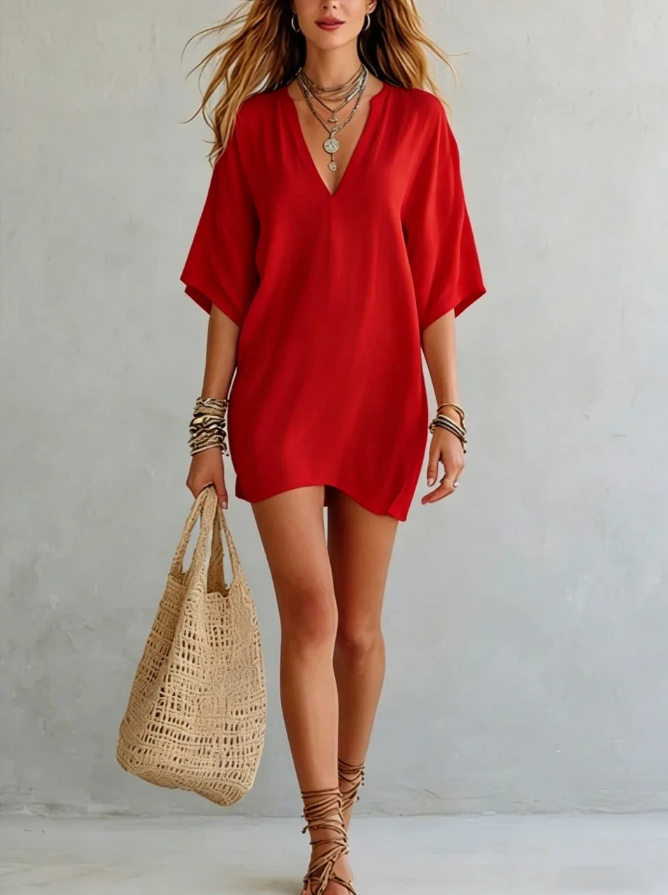 Red - Woman wearing a loose-fitting mini dress with dolman sleeves and a notch neckline, carrying a woven tote bag
