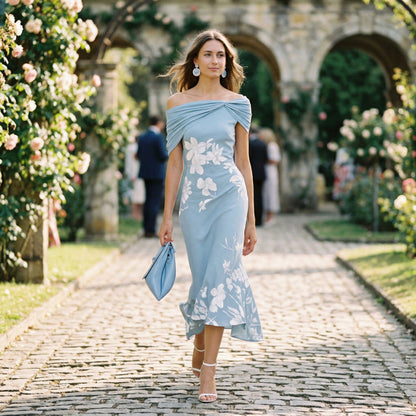 Black - Model wearing a green floral off-shoulder midi dress with a draped neckline and asymmetrical hem, holding a matching clutch.
