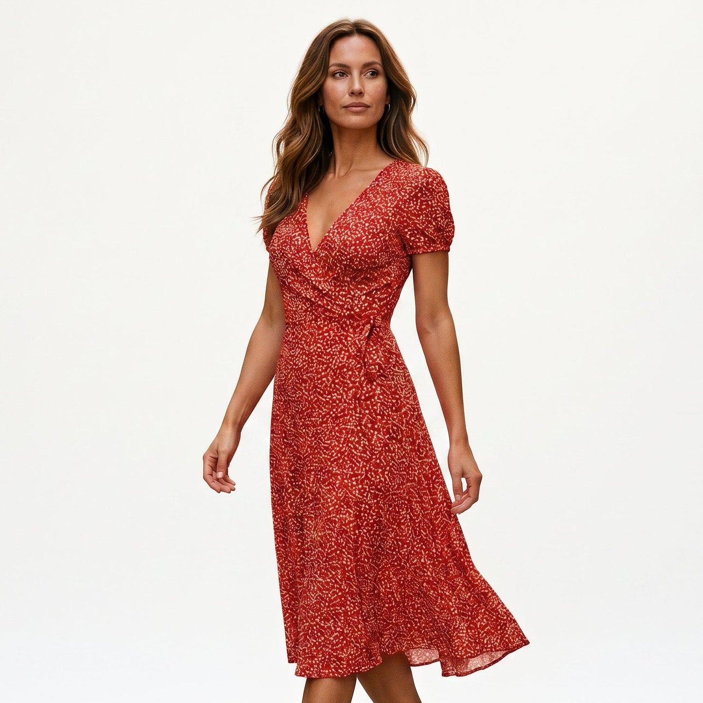 Red - Woman wearing a floral print midi dress featuring a V-neckline, short puff sleeves, and a flowing skirt.