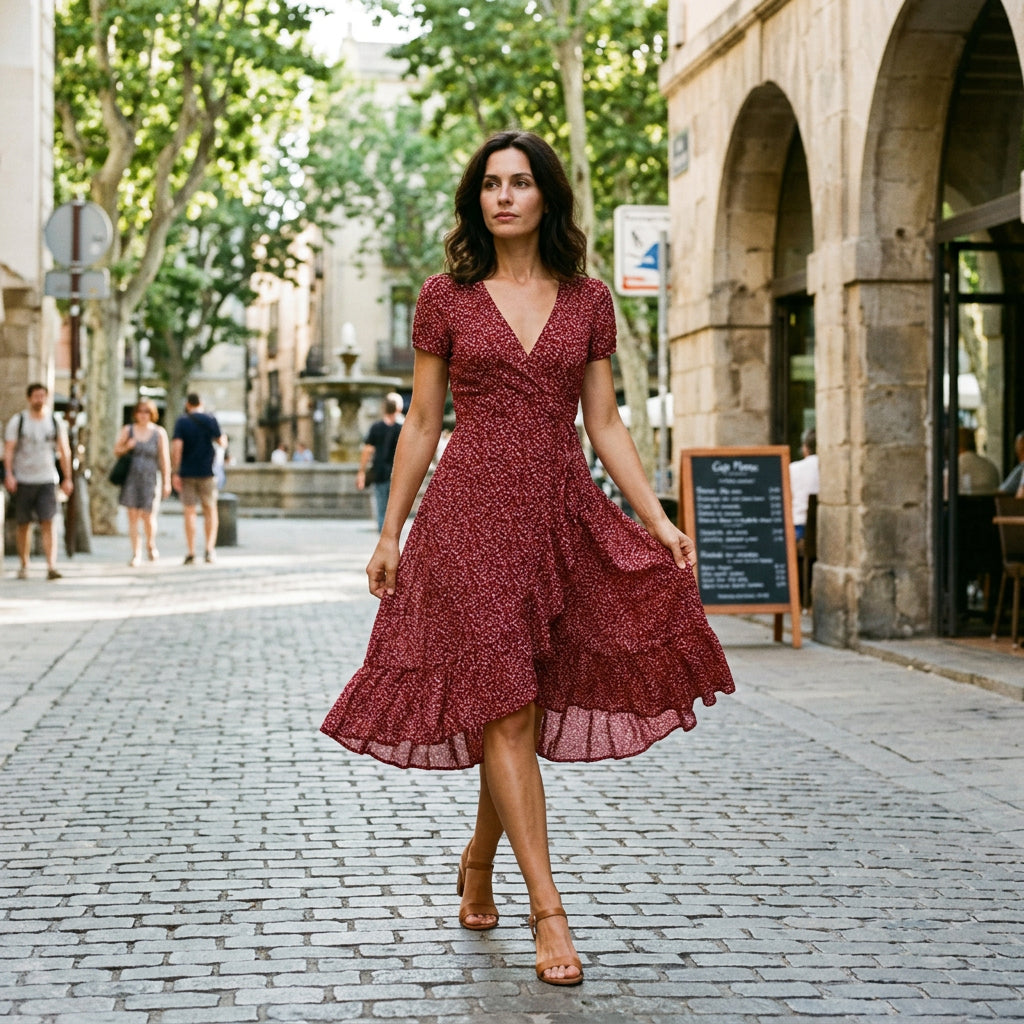 Red - Woman wearing a floral print midi dress featuring a V-neckline, short puff sleeves, and a flowing skirt.