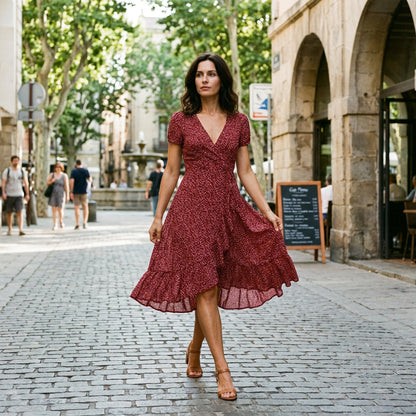 Red - Woman wearing a floral print midi dress featuring a V-neckline, short puff sleeves, and a flowing skirt.