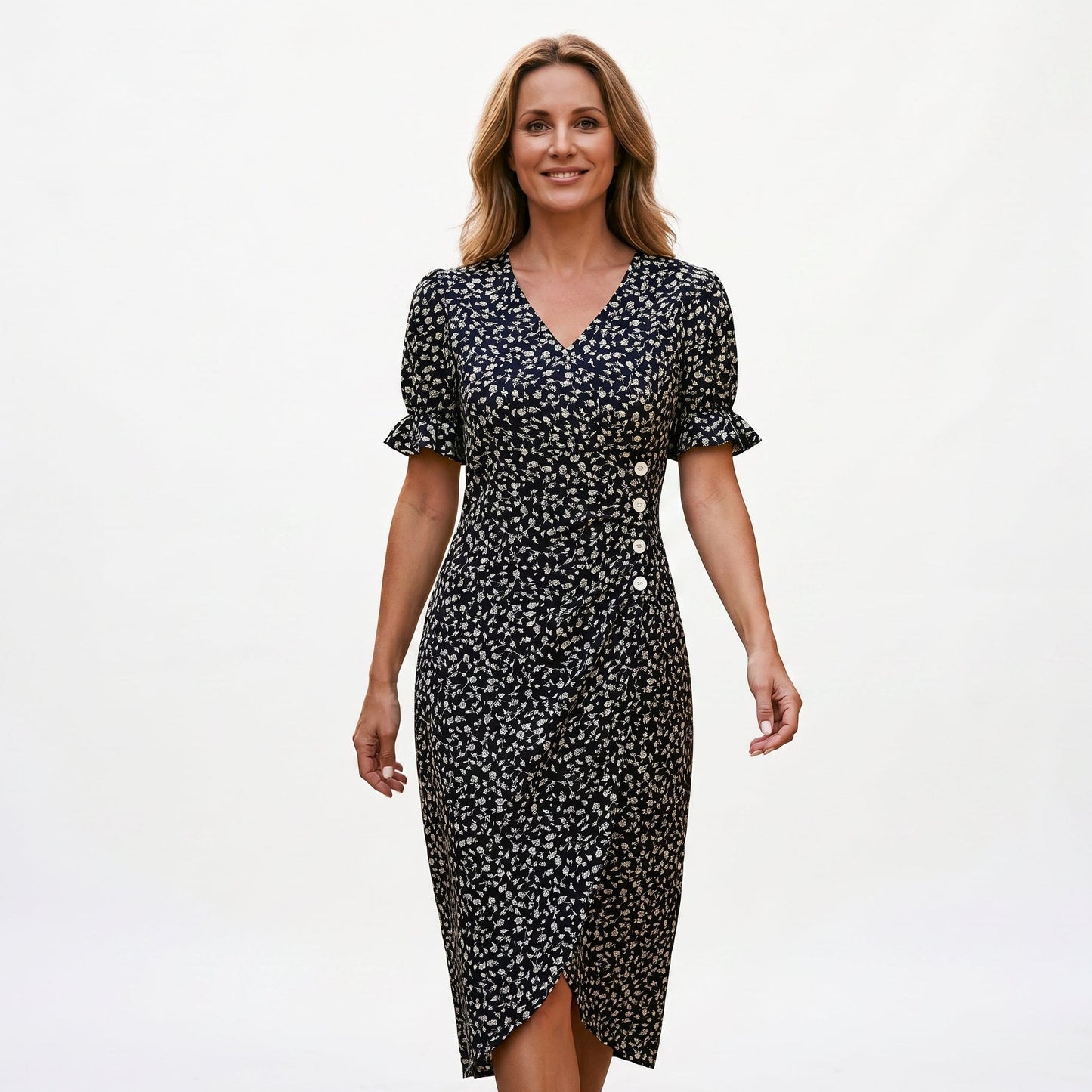 Black - Model wearing a floral V-neck midi dress with short ruffled sleeves and asymmetrical button detailing on a white background