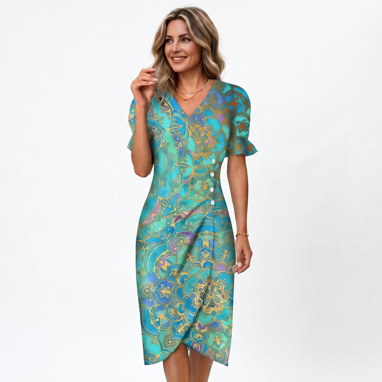 Sky Blue - Model wearing a floral V-neck midi dress with short ruffled sleeves and asymmetrical button detailing on a white background