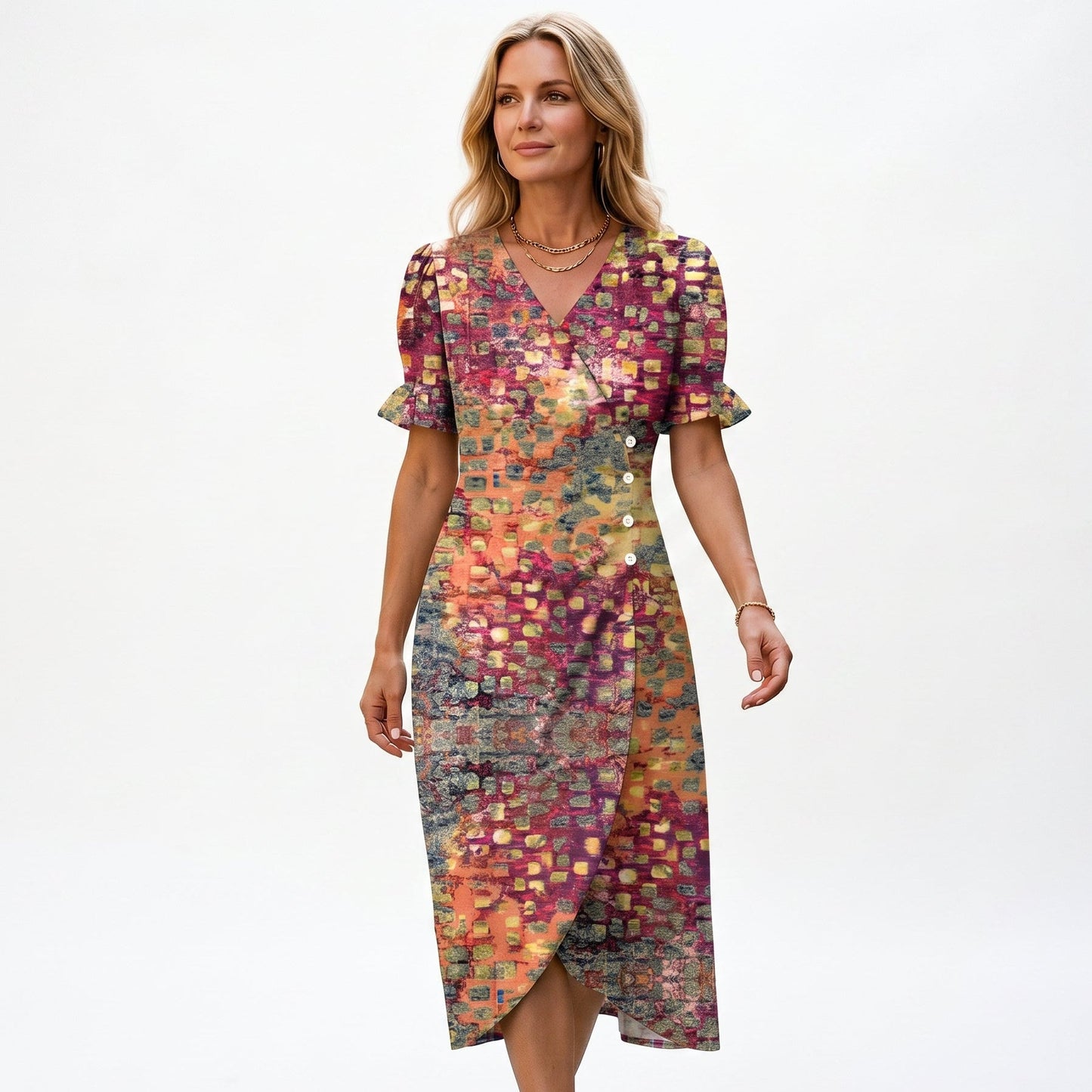 Red+Orange - Model wearing a floral V-neck midi dress with short ruffled sleeves and asymmetrical button detailing on a white background