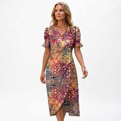 Red+Orange - Model wearing a floral V-neck midi dress with short ruffled sleeves and asymmetrical button detailing on a white background