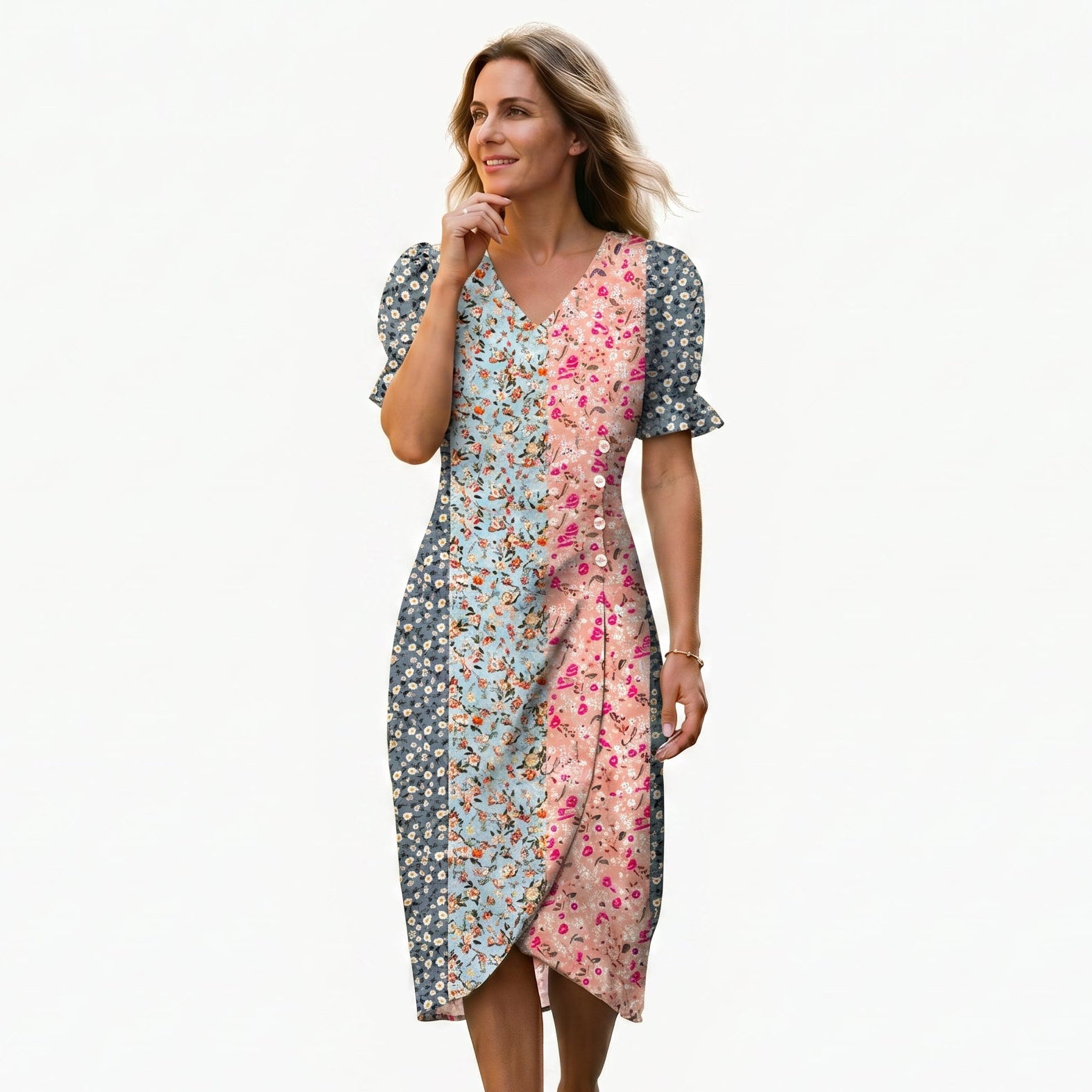 Pink+Blue - Model wearing a floral V-neck midi dress with short ruffled sleeves and asymmetrical button detailing on a white background
