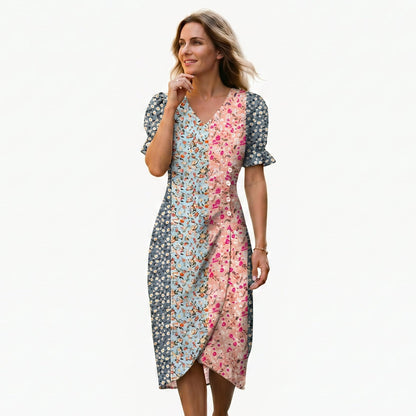 Pink+Blue - Model wearing a floral V-neck midi dress with short ruffled sleeves and asymmetrical button detailing on a white background