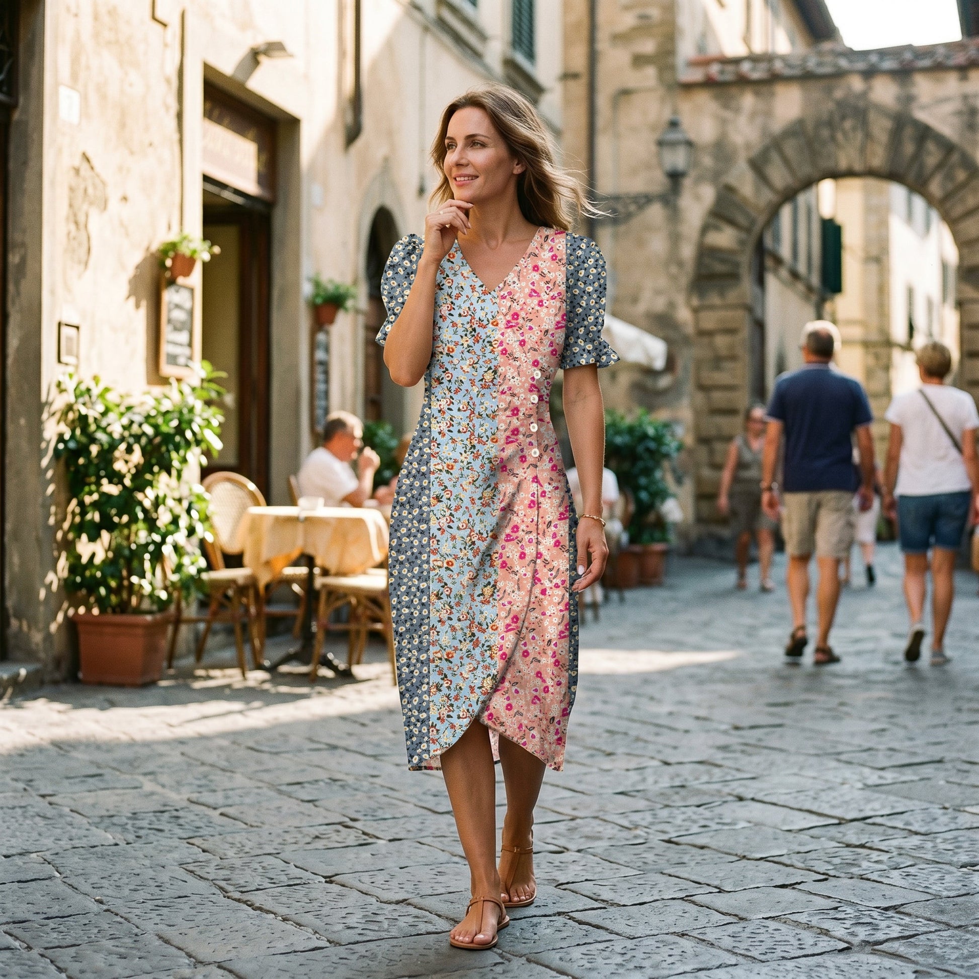 Pink+Blue - Model wearing a floral V-neck midi dress with short ruffled sleeves and asymmetrical button detailing on a white background