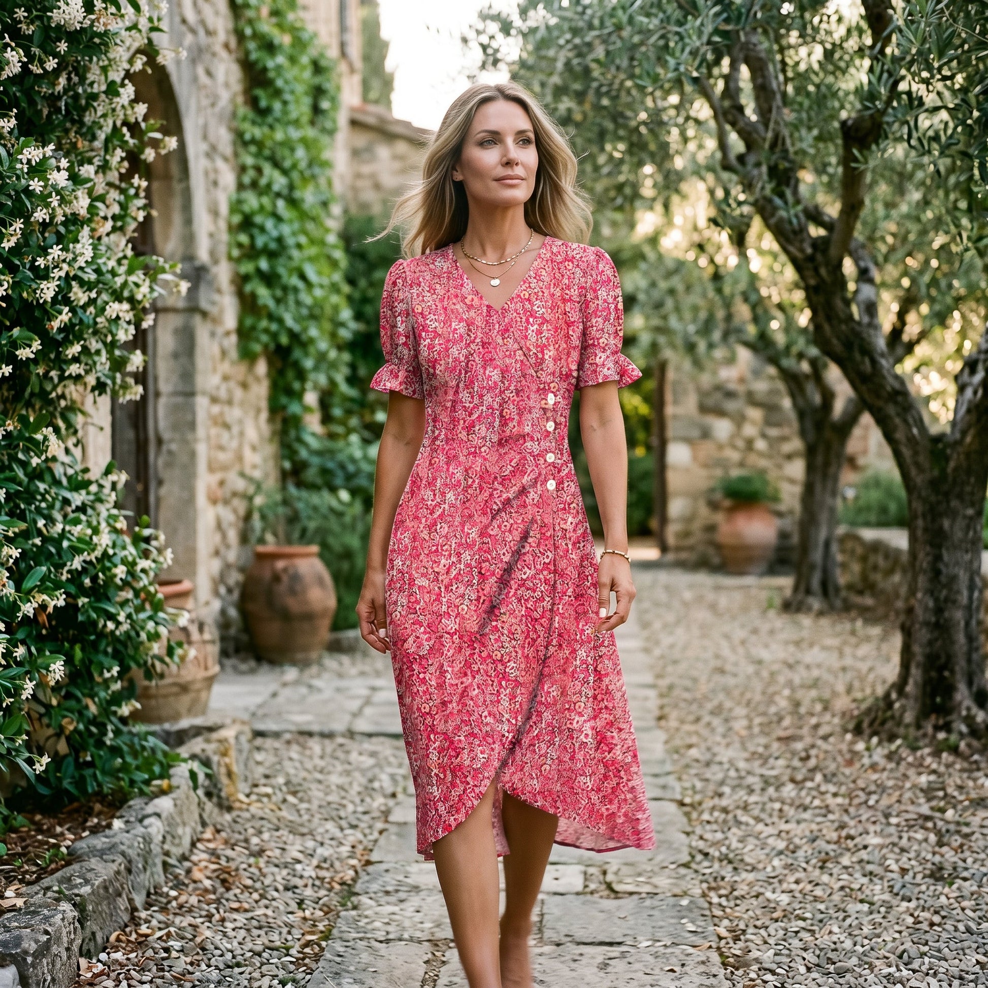 Pink+Blue - Model wearing a floral V-neck midi dress with short ruffled sleeves and asymmetrical button detailing on a white background