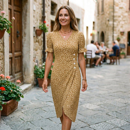 Pink+Blue - Model wearing a floral V-neck midi dress with short ruffled sleeves and asymmetrical button detailing on a white background