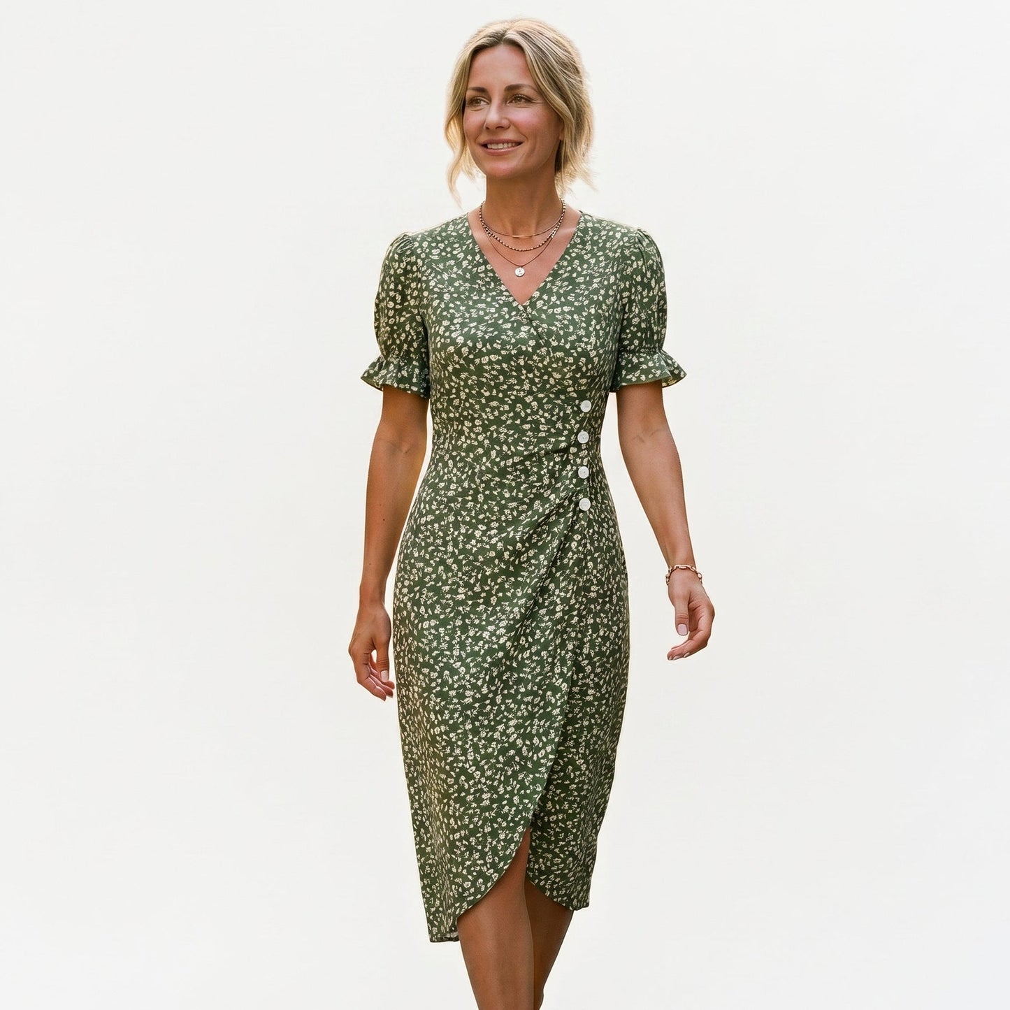 Green - Model wearing a floral V-neck midi dress with short ruffled sleeves and asymmetrical button detailing on a white background