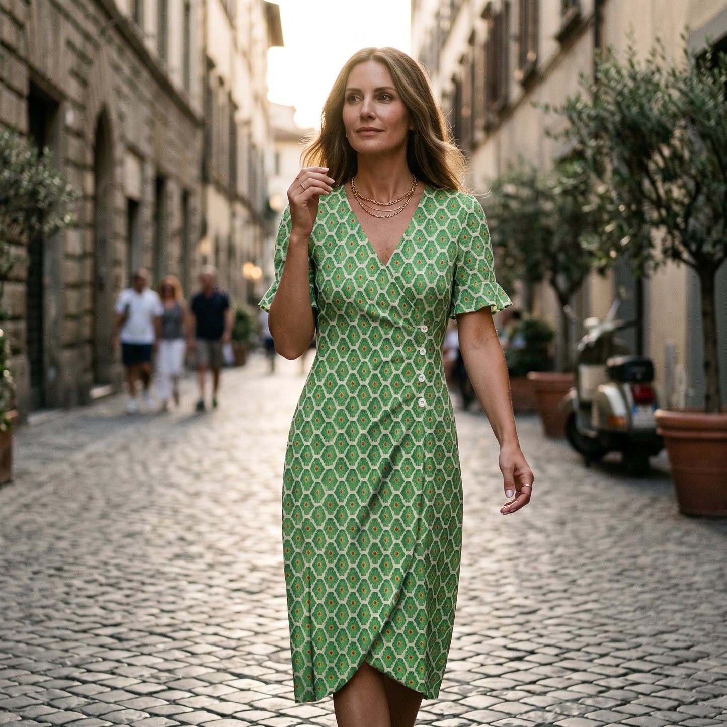 Green - Model wearing a floral V-neck midi dress with short ruffled sleeves and asymmetrical button detailing on a white background