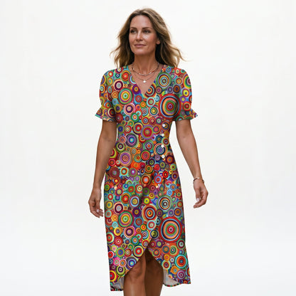 Colourful - Model wearing a floral V-neck midi dress with short ruffled sleeves and asymmetrical button detailing on a white background
