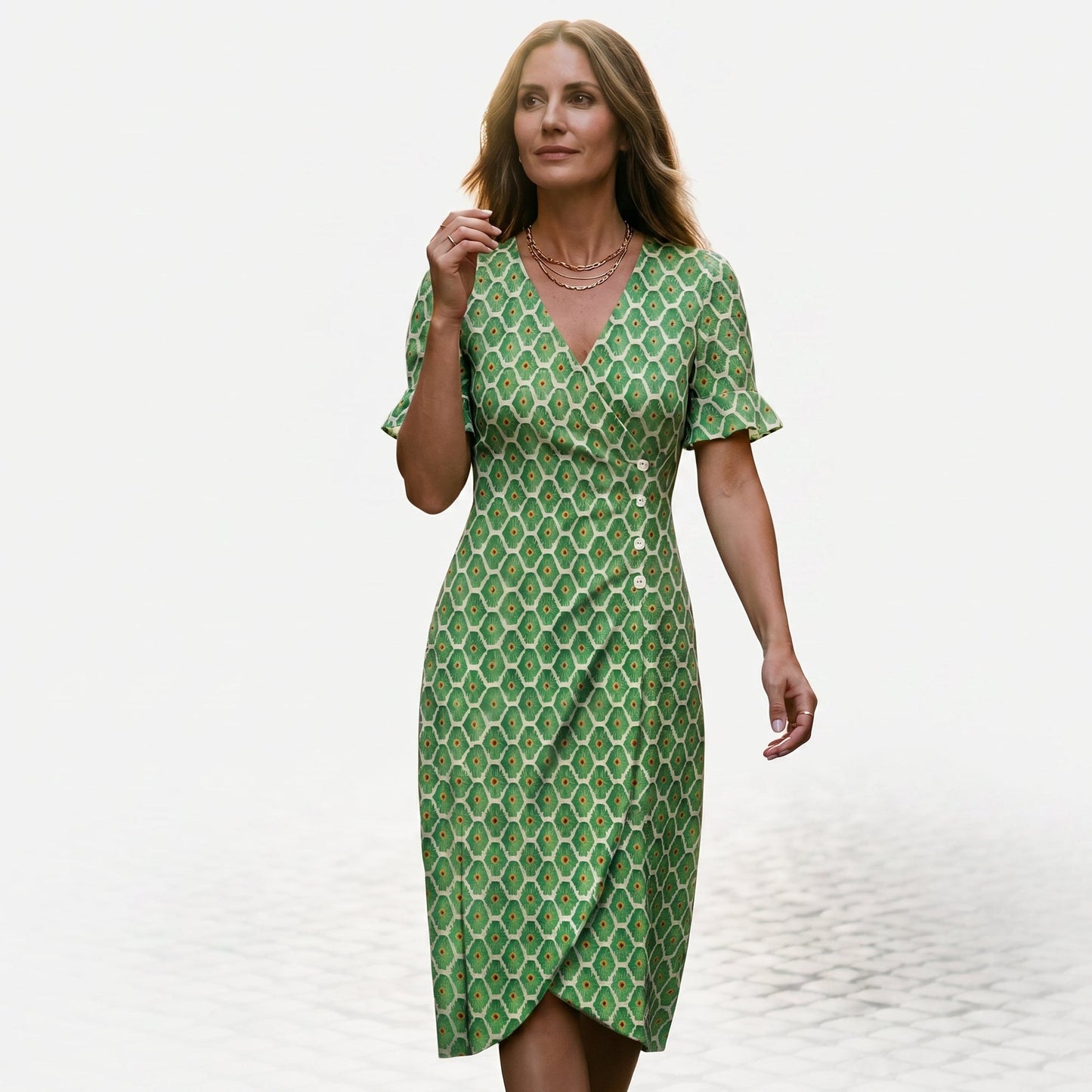 Light Green - Model wearing a floral V-neck midi dress with short ruffled sleeves and asymmetrical button detailing on a white background
