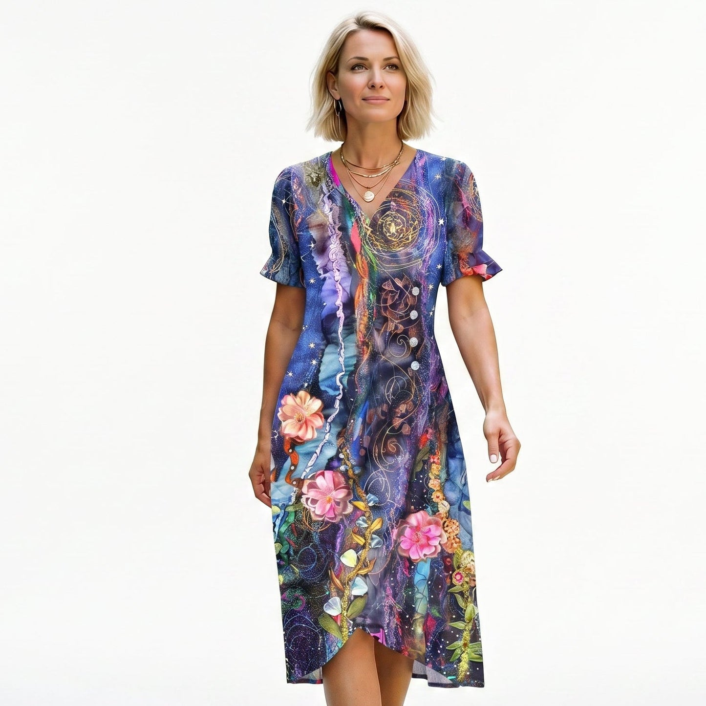 Purple - Model wearing a floral V-neck midi dress with short ruffled sleeves and asymmetrical button detailing on a white background