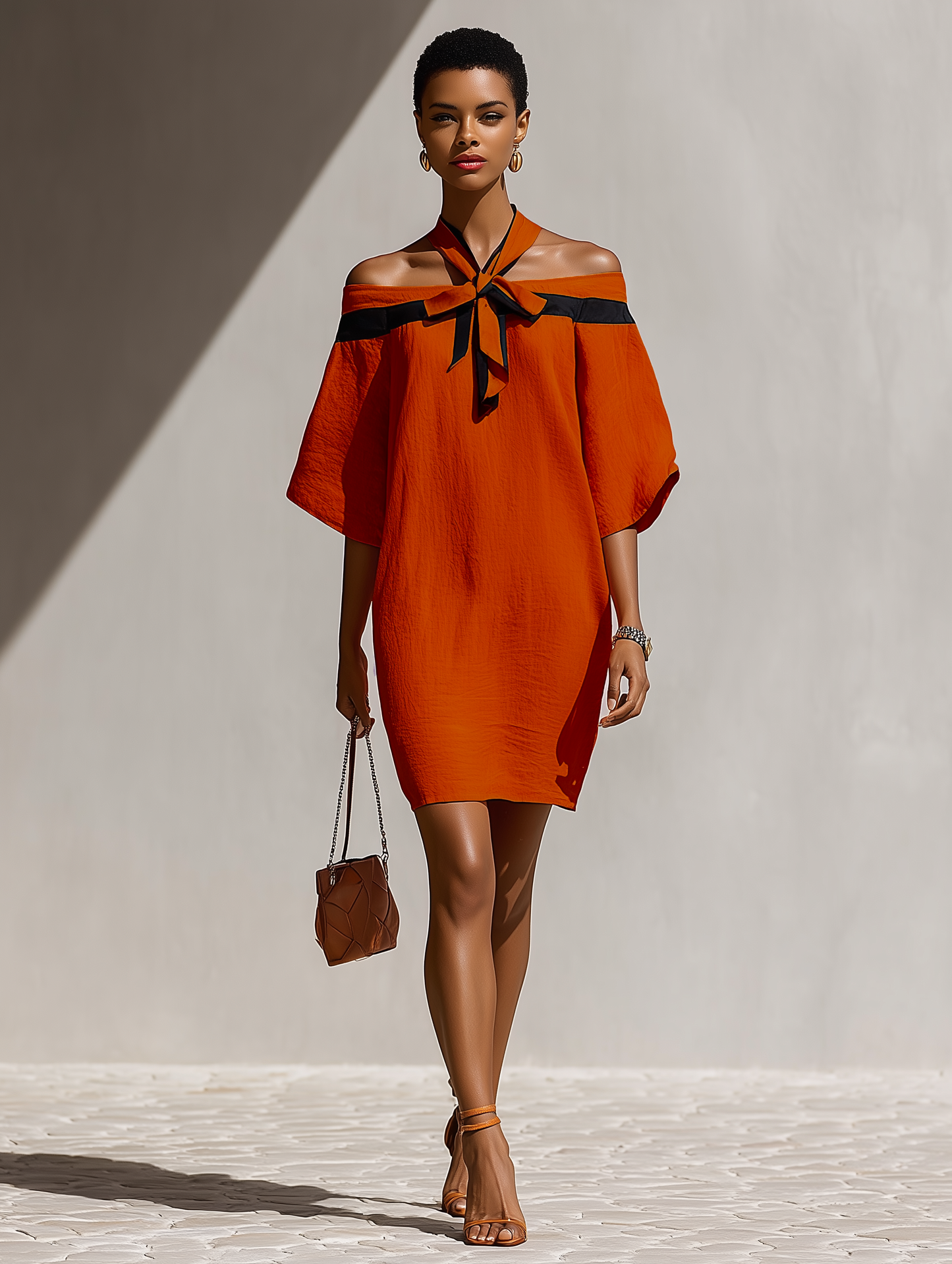 Orange - Model walking outdoors wearing a relaxed textured shift mini dress featuring a contrast halter tie neckline and draped off-the-shoulder sleeves.
