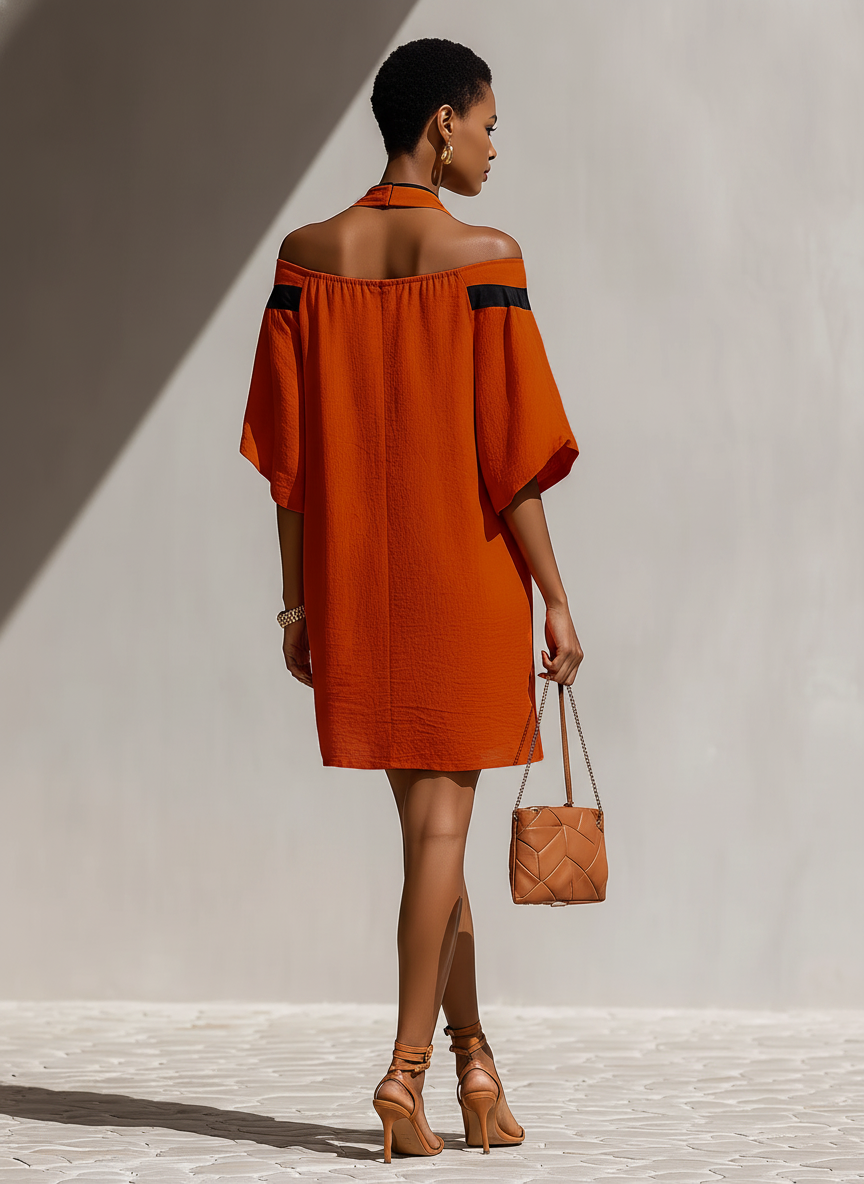Orange - Model walking outdoors wearing a relaxed textured shift mini dress featuring a contrast halter tie neckline and draped off-the-shoulder sleeves.