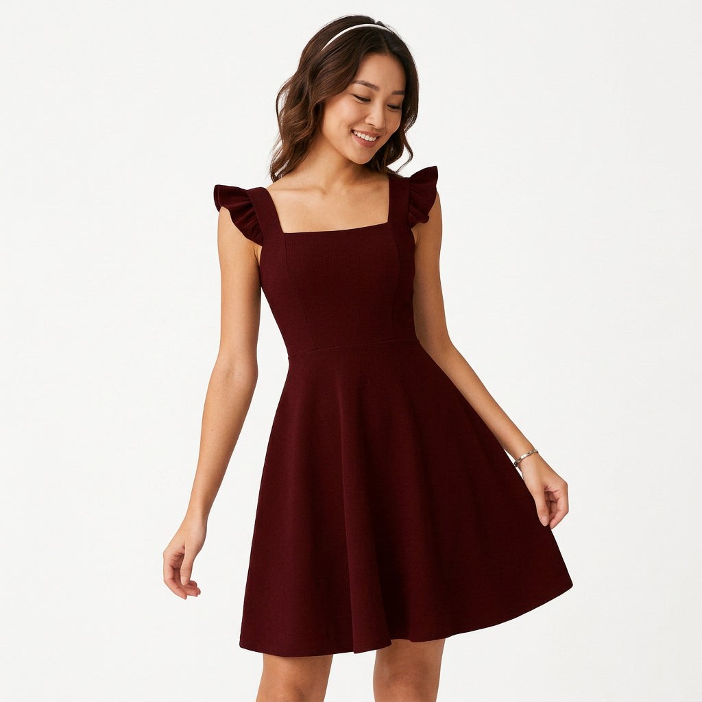 Claret - Model wearing a solid square-neck mini dress featuring ruffled cap sleeves, a fitted bodice, and a flared A-line skirt.