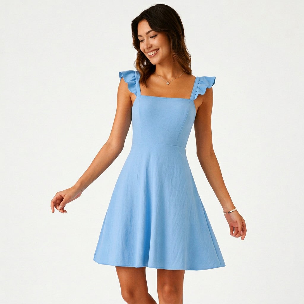 Sky Blue - Model wearing a solid square-neck mini dress featuring ruffled cap sleeves, a fitted bodice, and a flared A-line skirt.