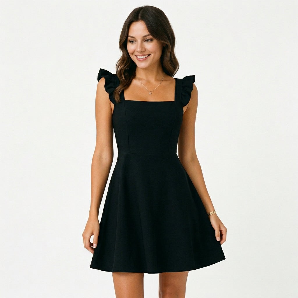 Black - Model wearing a solid square-neck mini dress featuring ruffled cap sleeves, a fitted bodice, and a flared A-line skirt.