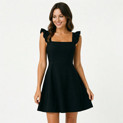 Black - Model wearing a solid square-neck mini dress featuring ruffled cap sleeves, a fitted bodice, and a flared A-line skirt.