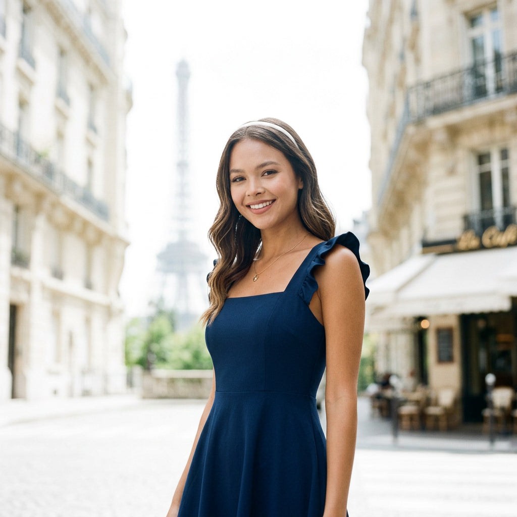 Dark Blue - Model wearing a solid square-neck mini dress featuring ruffled cap sleeves, a fitted bodice, and a flared A-line skirt.