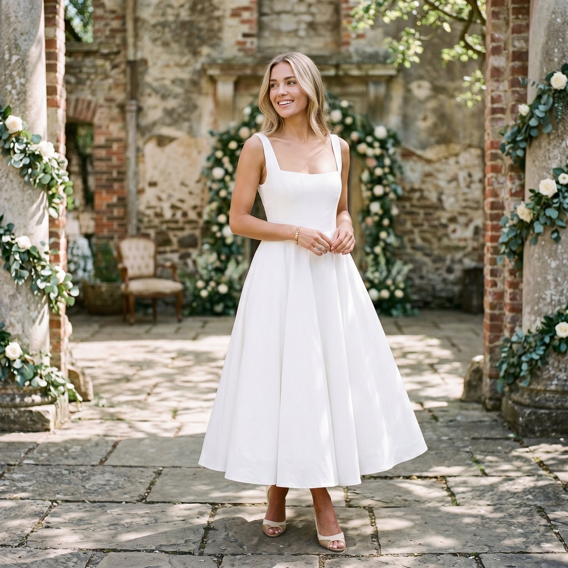 XXL - Model wearing a structured square-neck midi dress with a fitted bodice and full A-line skirt.