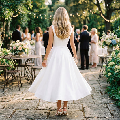 XXL - Model wearing a structured square-neck midi dress with a fitted bodice and full A-line skirt.