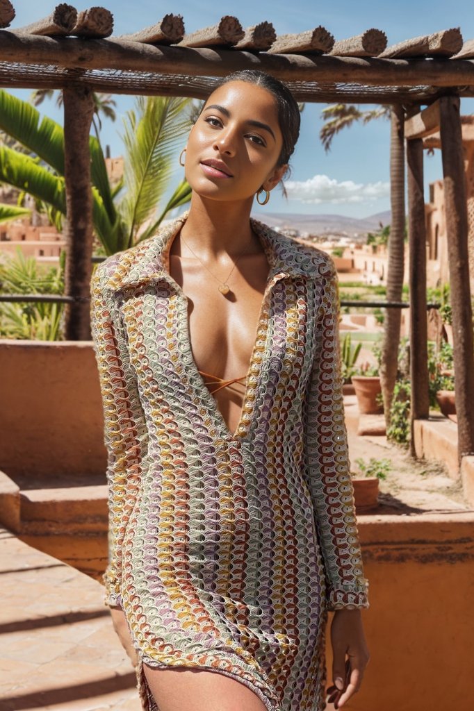 Woman in multicolored ribbed knit maxi dress with long sleeves and collared neckline