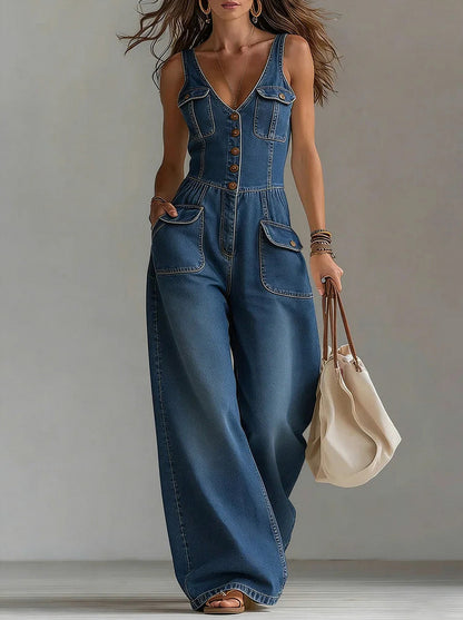 Denim Button Front Wide Leg Jumpsuit