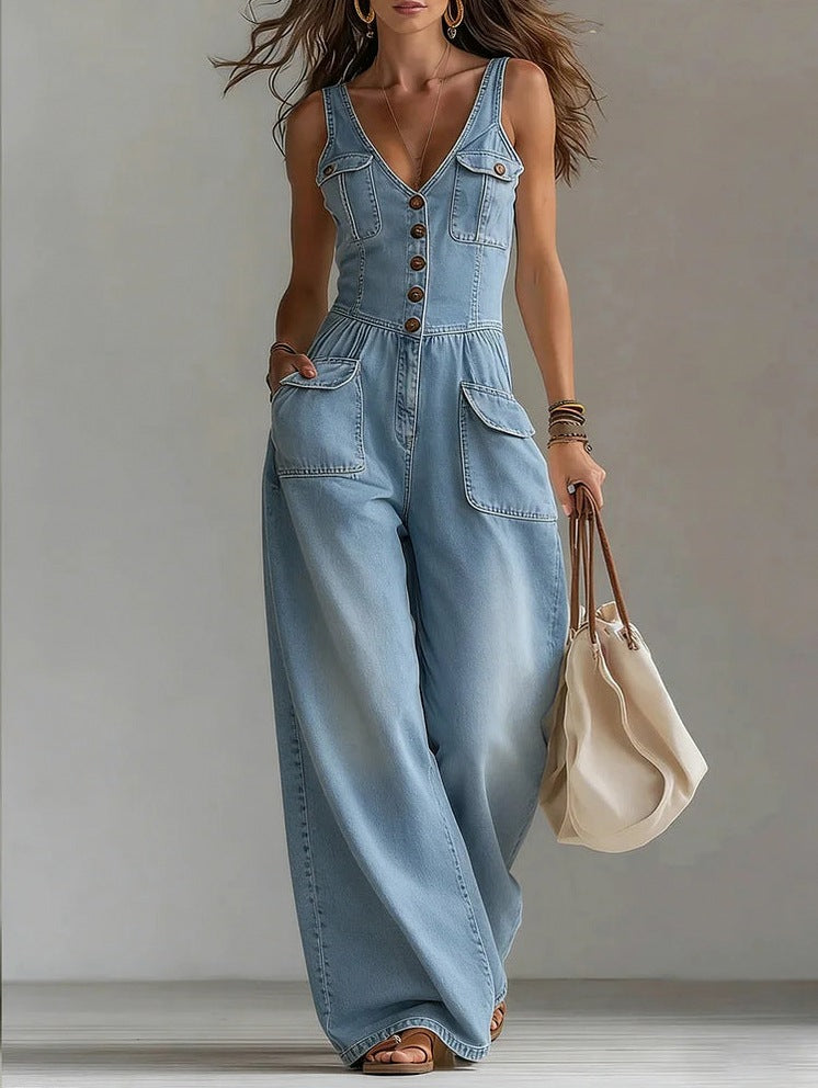 Denim Button Front Wide Leg Jumpsuit