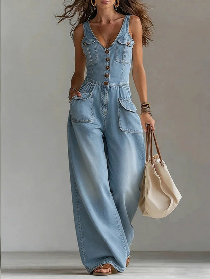 Denim Button Front Wide Leg Jumpsuit