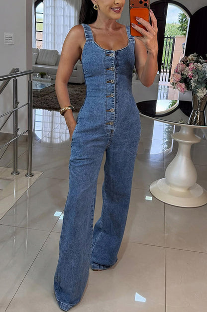 Denim Button Front Wide Leg Jumpsuit