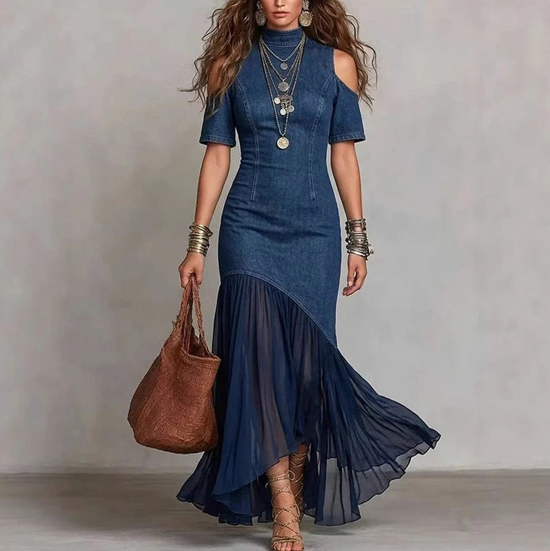 Denim Cold Shoulder Midi Dress