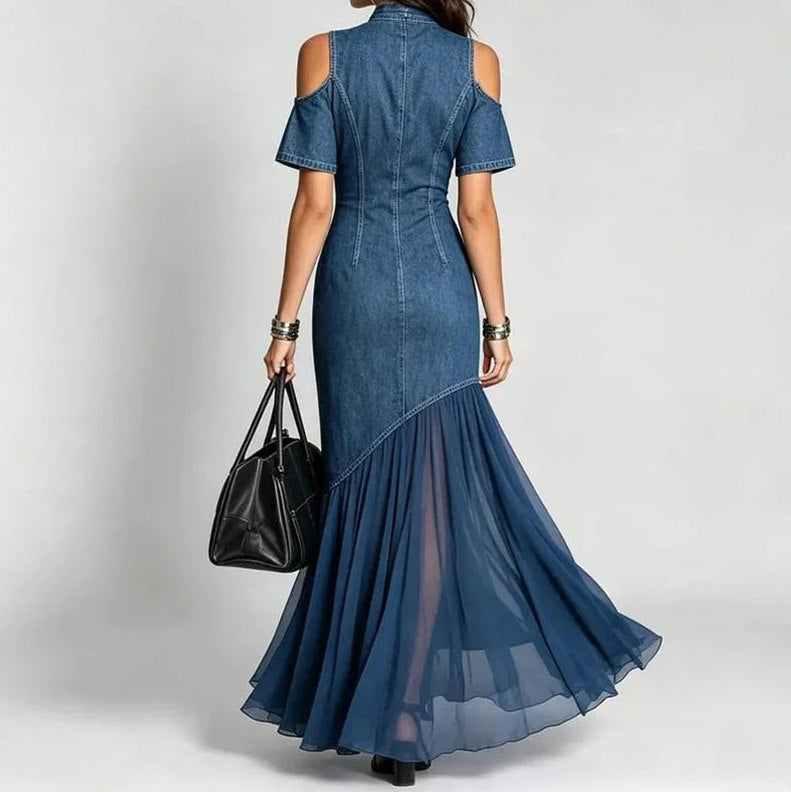 Denim Cold Shoulder Midi Dress